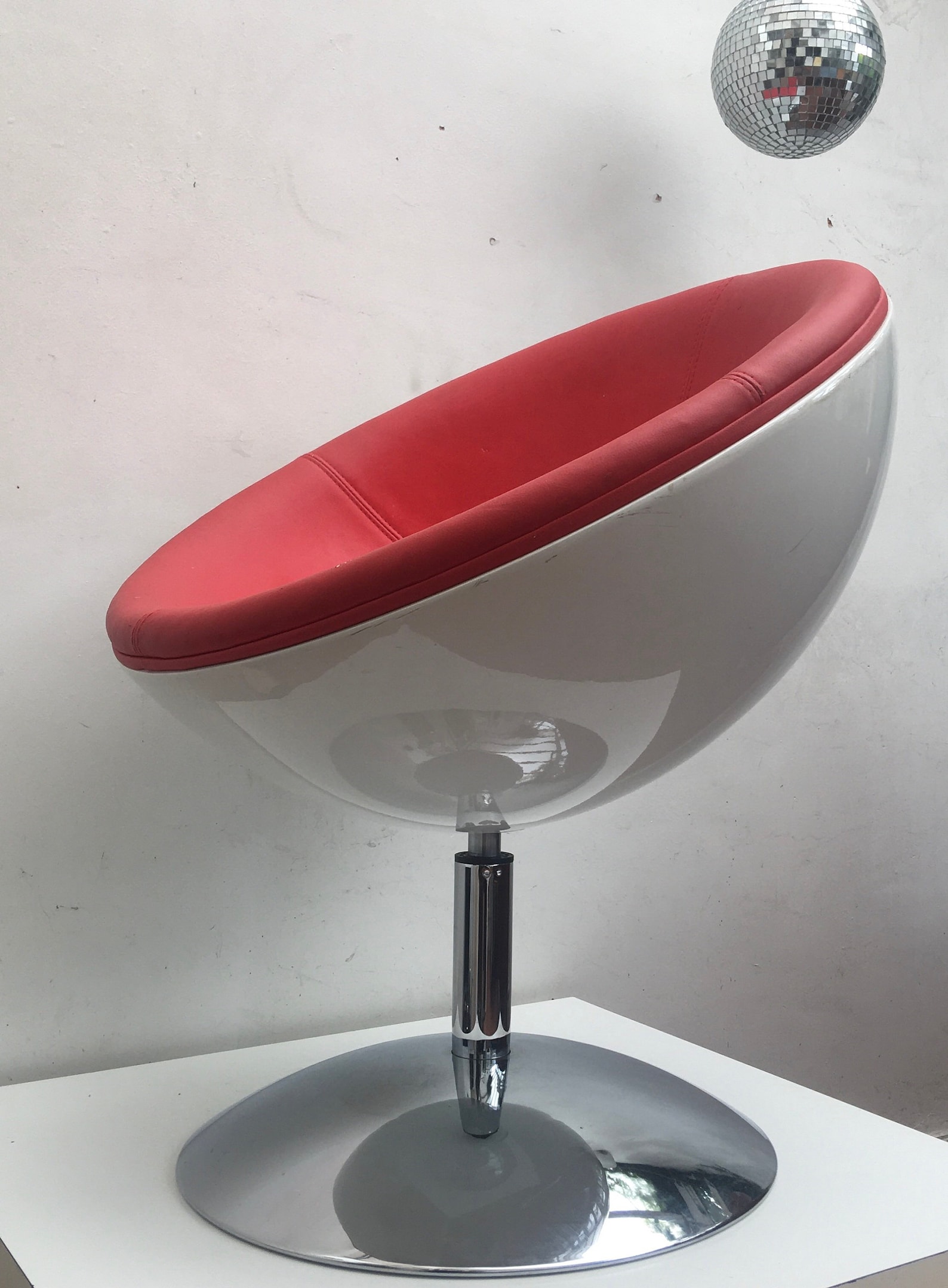 Mid Century Chrome Based White Bubble Chair With Red Faux Etsy