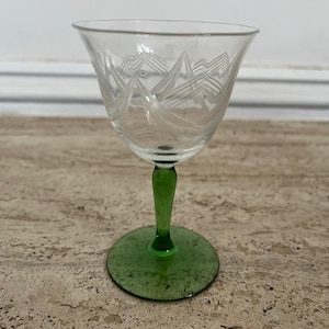 Vintage green stemmed etched Liqueur glass / gift