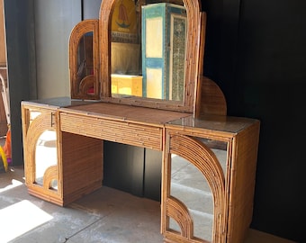 Vintage Bamboo Dressing table with attached bamboo framed mirror