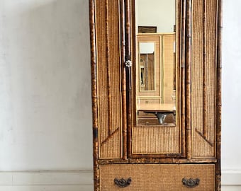 Victorian cane and bamboo wardrobe with drawer and mirror / storage / hanging space