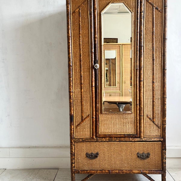 Victorian cane and bamboo wardrobe with drawer and mirror / storage / hanging space