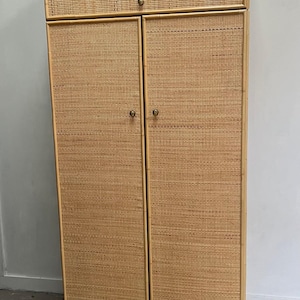 Vintage Rattan double wardrobe with upper storage cupboard