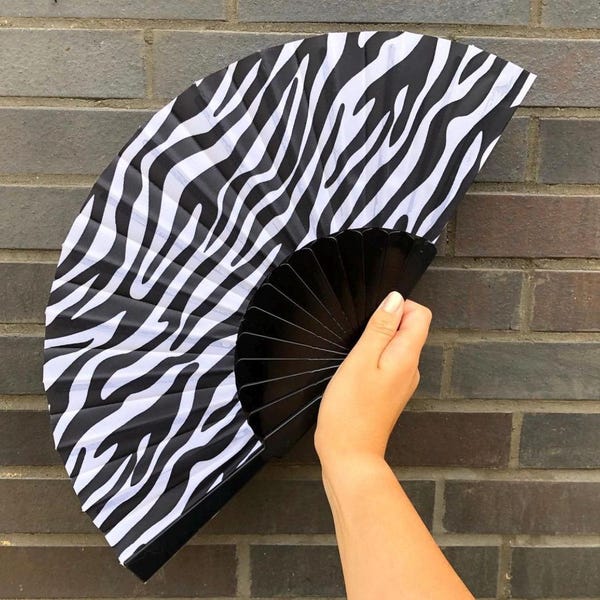 Zebra Print Fan / Hand Folding Fan / Rave / Festival / Party / Ibiza / Gift / Halloween / Animal / Fancy Dress