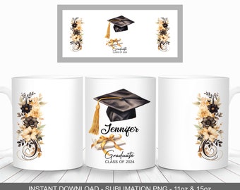 Graduate Class of 2024 Mug Wrap, 11oz and 15oz Mug Wrap Template, Gold and Black Graduate Gift Mug, Add a Name Graduation Mug PNG