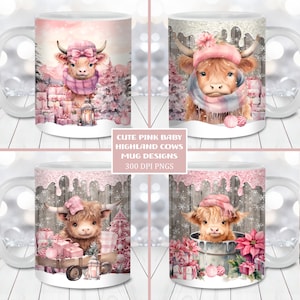 Pacote de embrulho de caneca de vaca Highland bebê de Natal rosa, modelo de caneca de 11 onças e 15 onças, download digital instantâneo, sublimação de caneca PNG, adicionar nome de caneca