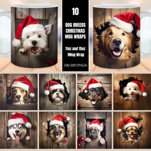 Hondenrassen Kerst gat in een muur mok Wrap bundel, 11oz en 15oz mok sjablonen, Instant Digitale Download, mok sublimatie PNG, hond mok