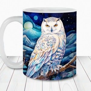 Schneeeule Becher wickeln PNG, 11 Unze und 15 Unze Becher wickeln Vorlage, sofortiger digitaler Download, Becher Sublimation PNG, Aquarell Tier Becher Design,