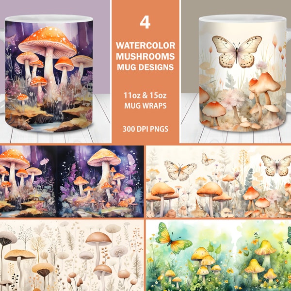 Fungi Mushrooms Mug Wrap Bundle 11oz and 15oz Mug Templates,Instant Digital Download, Mushroom Coffee Mug Design, Fungi Mug