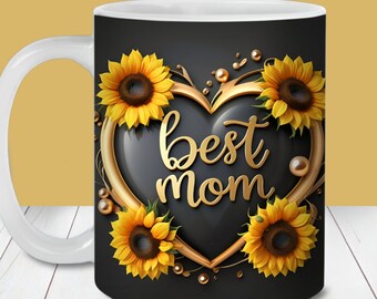 Tazza Best Mom Wrap, modello per tazza da 11 oz e 15 oz, download istantaneo, stampa a sublimazione su tazza PNG, design per tazza con girasole, tazza per la festa della mamma