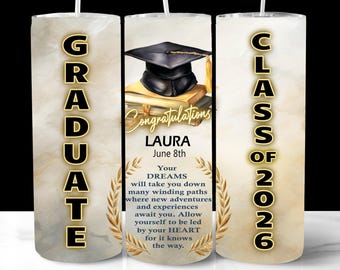 Gold Black 2026 Graduation Tumbler Wrap, Personalized 20oz PNG (Digital Download), Custom Name and Date