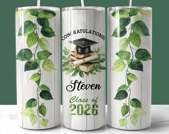 Green Vines Graduation Tumbler Wrap, Personalized Class of 2026, 20oz Skinny Tumbler PNG (Instant Download)