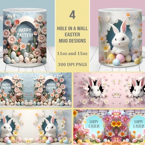 Frohe Ostern Becher Wrap Bundle, 11 Unzen und 15 Unzen Becher Vorlage, sofortiger digitaler Download, Becher Sublimation PNG, weißes Kaninchen Becher Designs