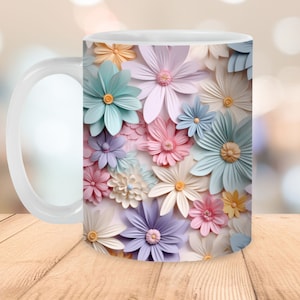 3D Pastell Gänseblümchen Becher Wrap, 11 Unzen und 15 Unzen Becher Vorlage, Sofortiger digitaler Download, Becher Sublimation PNG, Hochzeitsgeschenk Becher, Floral Becher Wrap