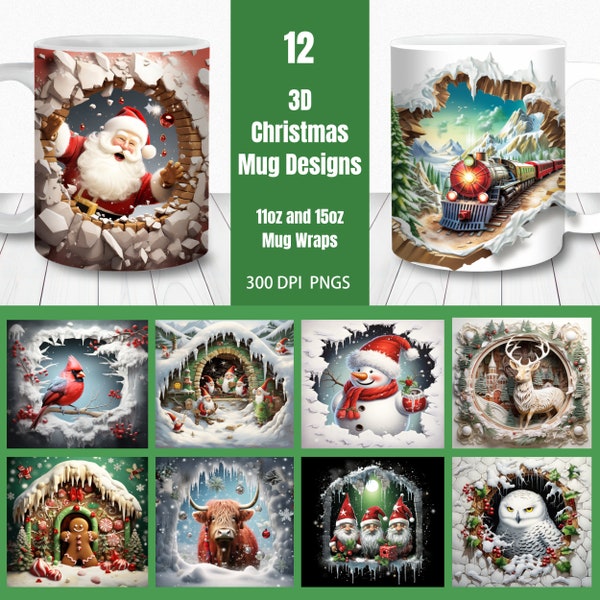 Lot d'emballages de tasses de Noël 3D | Modèles de tasses de 11 oz et 15 oz | Téléchargement instantané | Tasse à sublimation PNG | Designs de tasses de Noël