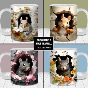 Lot d'écureuils muraux 3D, modèle d'emballage de tasse 11 oz et 15 oz PNG, téléchargement immédiat, sublimation de tasse PNG, tasse écureuil noir