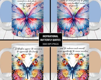 Inspirational Butterfly Quote Mug Wrap Bundle, 11oz and 15oz Mug Template, Instant Digital Download, Mug Sublimation PNG, Butterfly Mug Wrap