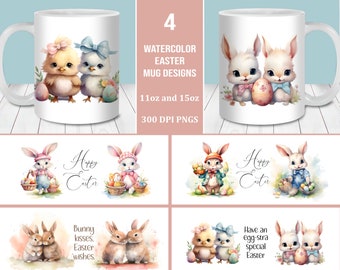 Watercolor Easter Bunnies Mug Wrap Bundle, 11oz and 15oz Mug Template, Instant Digital Download, Mug Sublimation PNG, Easter Mug Designs