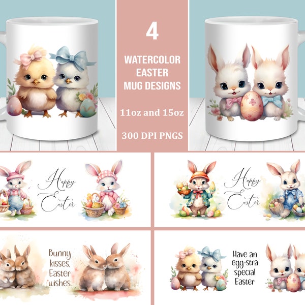 Aquarelle Easter Bunnies Mug Wrap Bundle, modèle de tasse 11oz et 15oz, téléchargement numérique instantané, Mug Sublimation PNG, Easter Mug Designs