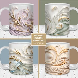Bundle d'emballage de tasse baroque floral en relief, modèle de tasse de 11 oz et 15 oz, téléchargement immédiat, sublimation de tasse PNG, conception de tasse à café floral 3D