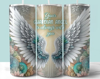 May include: A stainless steel tumbler with a white angel wing design and the text "Your Guardian Angel is always with you". The background features a colorful mandala pattern.