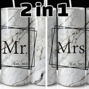 Mr und Mrs 2024 Tumbler Wrap, 20 Unzen Skinny Tumbler PNG, weißer Granit Mr und Mrs Tumbler Design, Hochzeitsgeschenk