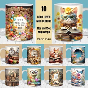 Amoureux des livres 3D Mug Wrap Bundle, modèle de tasse 11 oz et 15 oz, téléchargement numérique instantané, sublimation de tasse PNG, conceptions de tasse de livre PNG