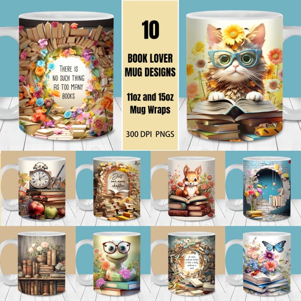 3D Book Lover Mug Wrap Bundle, 11oz and 15oz Mug Template, Instant Digital Download, Mug Sublimation PNG, Book Mug Designs PNG