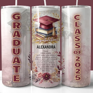 Emballage de gobelet de remise des diplômes 2025 or bordeaux, gobelet skinny 20 oz PNG, cadeau de remise des diplômes personnalisé, gobelet promotion 2025 png thumbnail