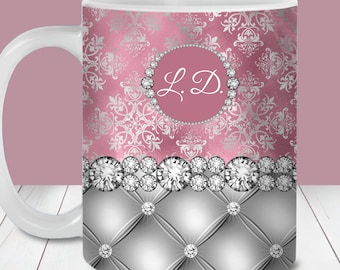 Pink and Silver Glam Add Initial Mug Wrap, 11oz and 15oz Mug Template, Instant Download, Mug Sublimation PNG, Mother's Day Mug, Mrs Mug Wrap