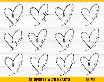Sports Heart SVG Bundle, Sport Names SVG, Sports svg, Sports Mom svg, Cheer Heart svg, Football Heart svg, Dance Heart svg