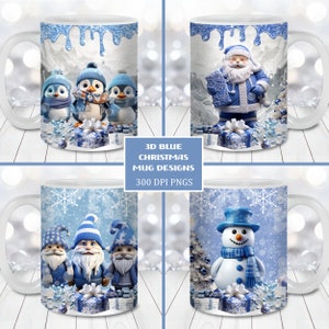 3D blau Weihnachtsbecher Wrap Bundle, 11 Unzen und 15 Unzen Becher Vorlage, sofortiger digitaler Download, Becher Sublimation PNG, Weihnachtskaffeetasse