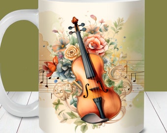 Floral Violin Mug Wrap, 11oz & 15oz Mug Wrap Template PNG, Instant Digital Download, Mug Sublimation PNG, Violin Coffee Mug PNG