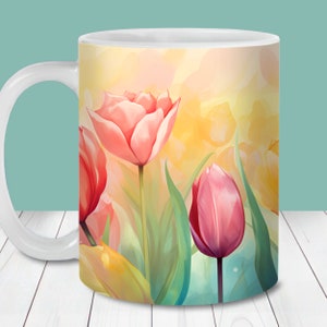 Tulpen mok wrap, 11oz en 15oz mok sjabloon, instant digitale download, mok sublimatie PNG, Moederdag mok, bloemen mok ontwerp