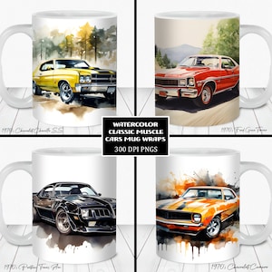 Bundle di tazze con auto classiche ad acquerello, modello per tazze da 11 e 15 once, download digitale istantaneo, PNG per sublimazione di tazze, tazza con auto d'epoca