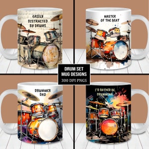 Watercolor Drum Set Mug Wrap Bundle, 11oz & 15oz Mug Wrap Template PNG, Instant Digital Download, Mug Sublimation PNG, Drums Coffee Mug PNG