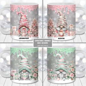 Pacchetto di involucri per tazze con gnomi di Natale rosa, modello per tazze da 11 e 15 once, download digitale istantaneo, PNG per sublimazione di tazze, tazza da caffè personalizzata