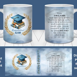 Envoltorio para taza de graduación azul y dorado, regalo personalizado de la clase de 2026 (PNG), descarga digital, nombre y fecha
