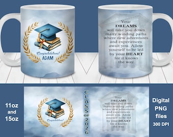 Blue Gold Graduation Mug Wrap, Class of 2026 Personalized Gift (PNG), Digital Download, Name Date
