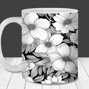 Schwarz-Weiß-Blumen-Becher-Wrap, 11 Unze und 15 Unze Becher-Vorlage, Becher Sublimation PNG, sofortiger digitaler Download, Blumenbecher-Design