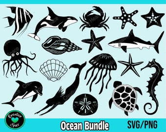 Ocean Animals SVG Bundle, Beach Bundle SVG, Seashell svg, Mermaid svg, Jellyfish svg