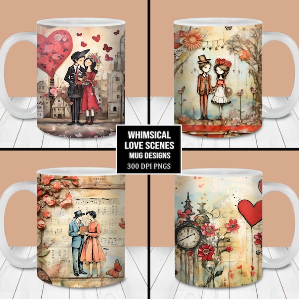 Wunderliche Valentinstag Szenen Tasse Wrap Bundle, 11 Unzen und 15 Unzen Tasse Vorlage, Sofort Download, Valentinstag Tasse Designs, Valentinstag Kaffeetasse