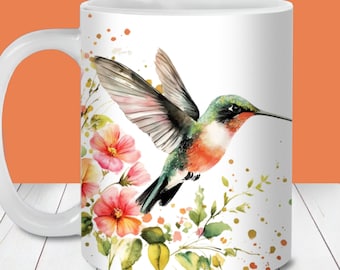 Hummingbird Mug Wrap PNG, Floral Mug Template (Digital Download)