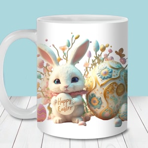 3D Happy Easter Bunny Mug Wrap PNG, modèle de tasse 11 oz et 15 oz, sublimation de tasse PNG, tasse Joyeuses Pâques, tasse à café lapin de Pâques