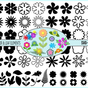 May include: A set of 62 black and white flower and leaf SVG cut files. The flowers are in various shapes and sizes, including circles, stars, and hearts. The leaves are also in various shapes and sizes. The text "SVG-PNG" is in the top right corner of the image.