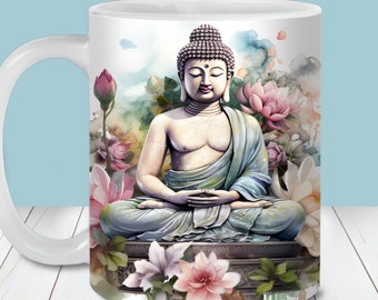 Watercolor Buddha Mug Wrap PNG, Sublimation Design (Digital Download)