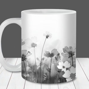 Envoltura de taza de flores en blanco y negro, plantilla de taza de 11 oz y 15 oz, descarga digital instantánea, sublimación de taza PNG, taza del día de la madre, taza botánica