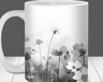 Black and White Flowers Mug Wrap, 11oz and 15oz Mug Template, Instant Digital Download, Mug Sublimation PNG, Mother's day Mug, Botanical Mug
