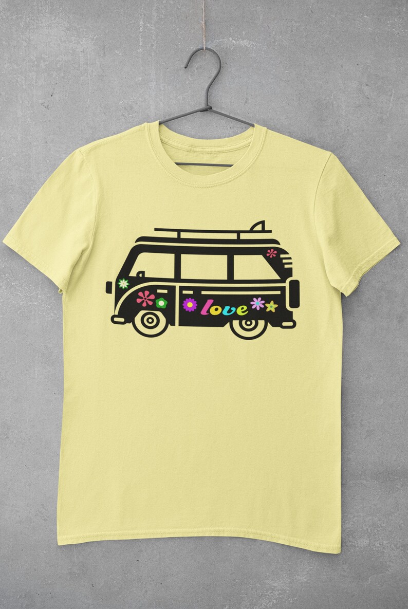 May include: A yellow t-shirt with a black and white illustration of a vintage van with the word "love" and colorful flowers on the side.