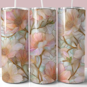 Envoltura para vaso con vitral floral rosa, vaso delgado de 20 oz (sublimación PNG), envoltura para vaso recta y cónica, descarga digital instantánea