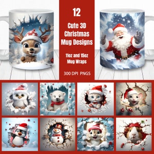 Bundel 3D kerstmok | Sjablonen voor mok van 11 oz en 15 oz | Direct downloaden | Mok sublimatie, PNG | Ontwerpen van dierenmok